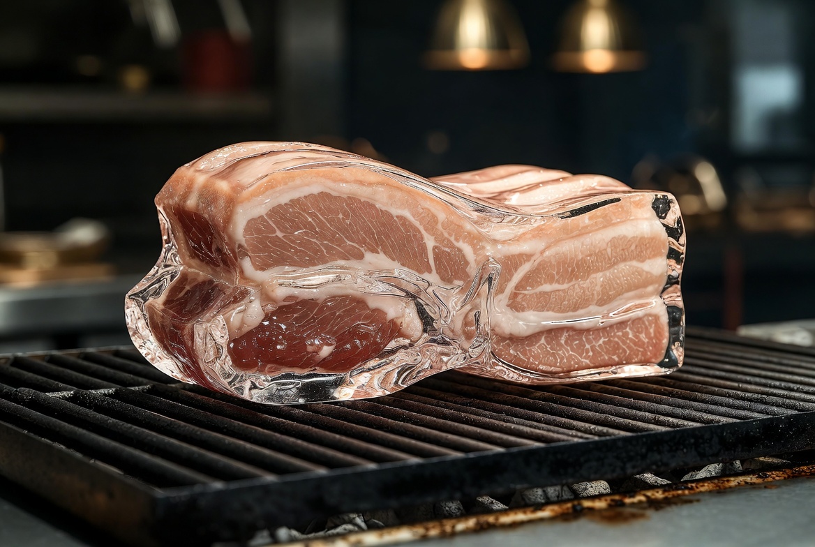 Hyperrealistic glass pork belly on a grill