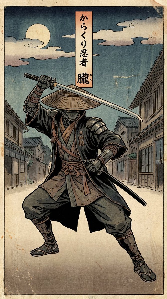 Edo-style woodblock print ninja character