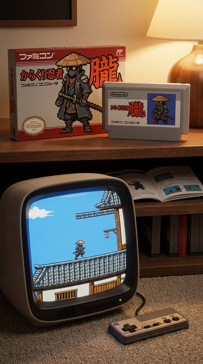 Famicom game box, cartridge, manual, and CRT screen (Japanese)