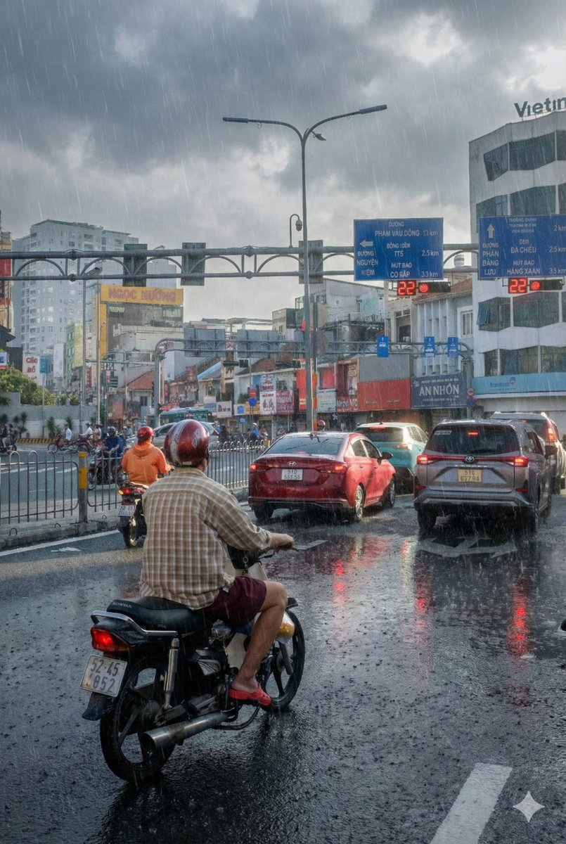 Edit city photo into rainy scene with Vietnamese bikers 2