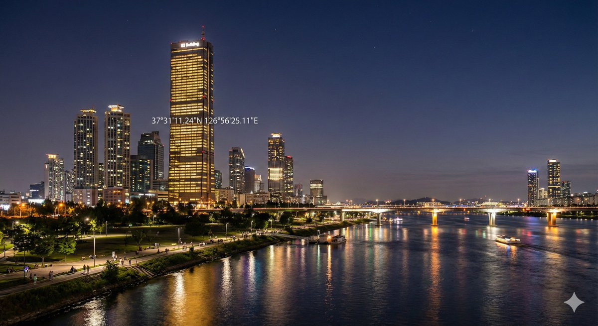 Night view of skyscraper via coordinates
