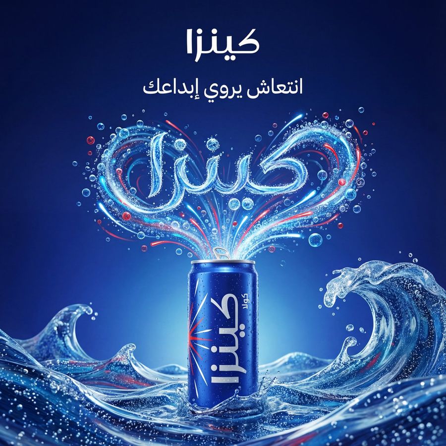 Source reference: a blue beverage can surrounded by curling water and luminous Arabic lettering against a dark blue background