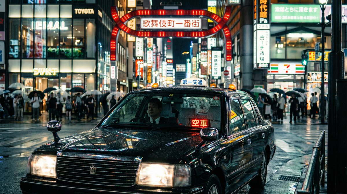 Cinematic taxi in rainy Kabukicho at night