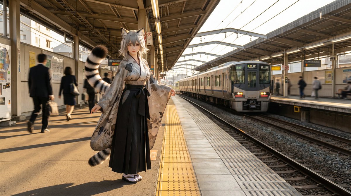 Character on Japanese train platform with matched lighting 3