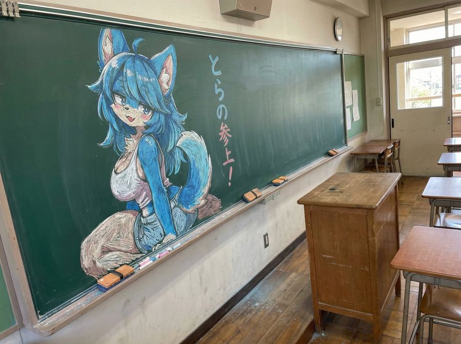 Source reference: a blue-haired illustrated character drawn in colored chalk on a green classroom blackboard beside rows of wooden desks
