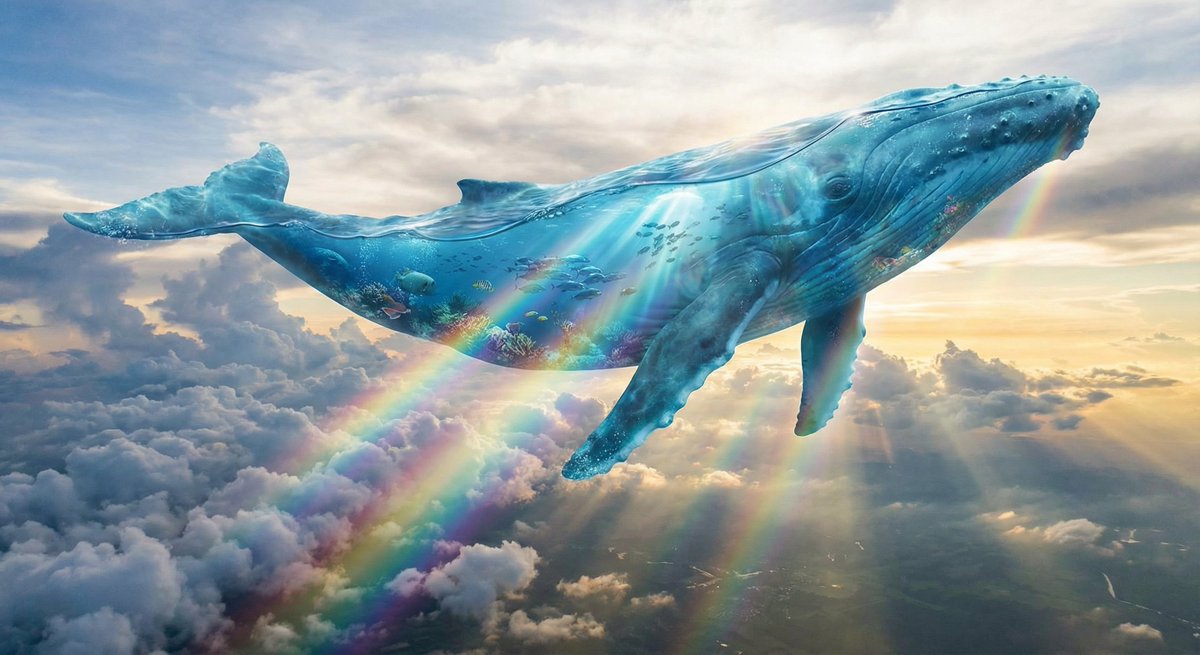 Surreal translucent blue whale in the clouds
