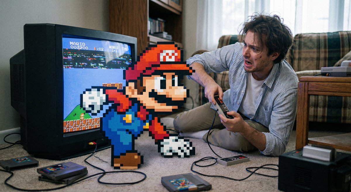 Pixel game character climbing out of TV