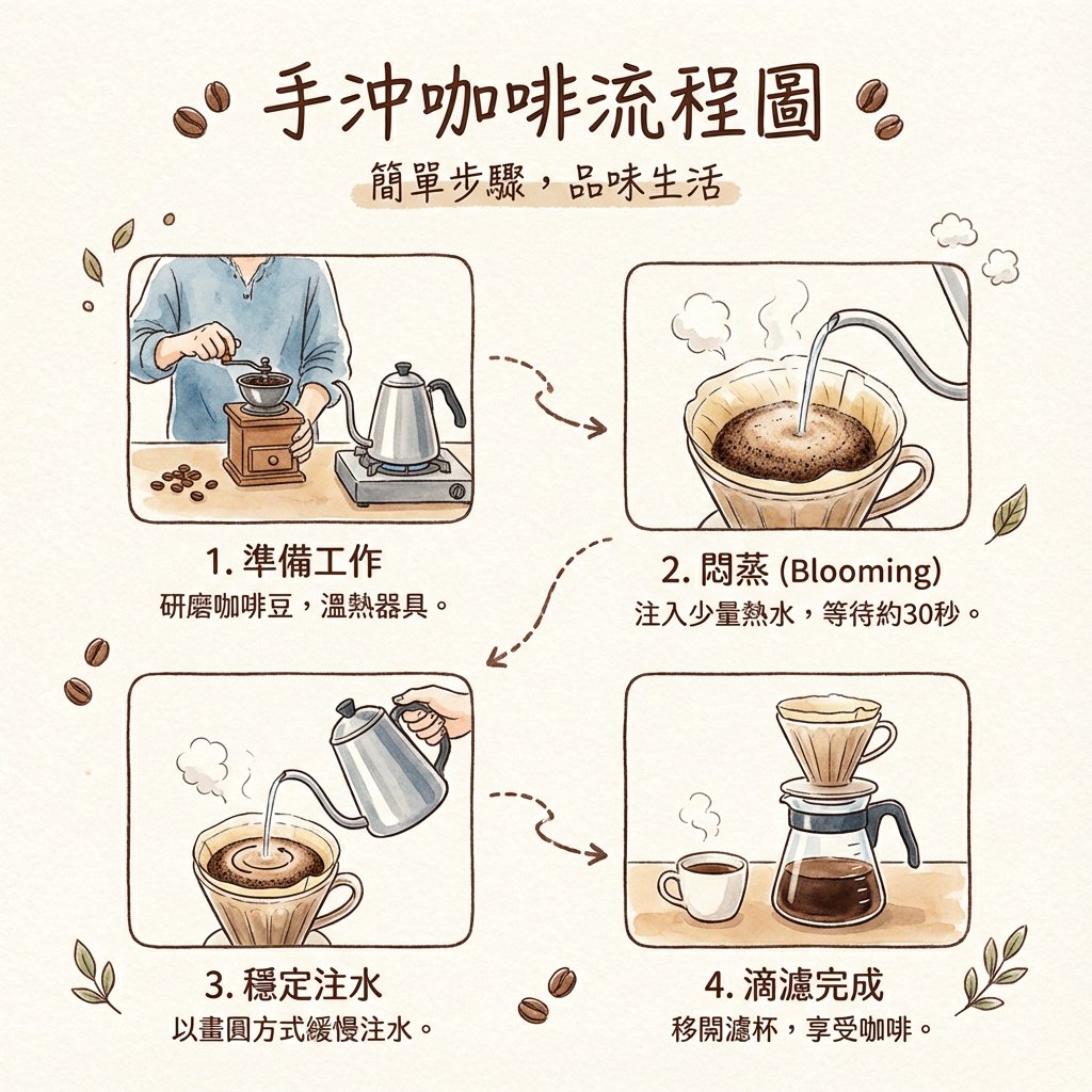 Hand drip coffee flowchart in Japanese magazine style