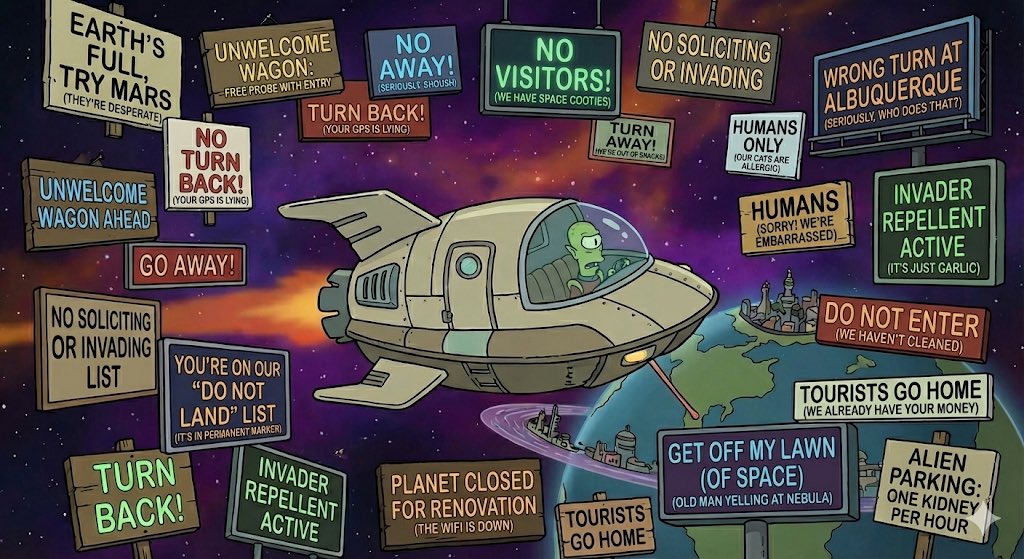 Futurama-style spaceship and warning signs