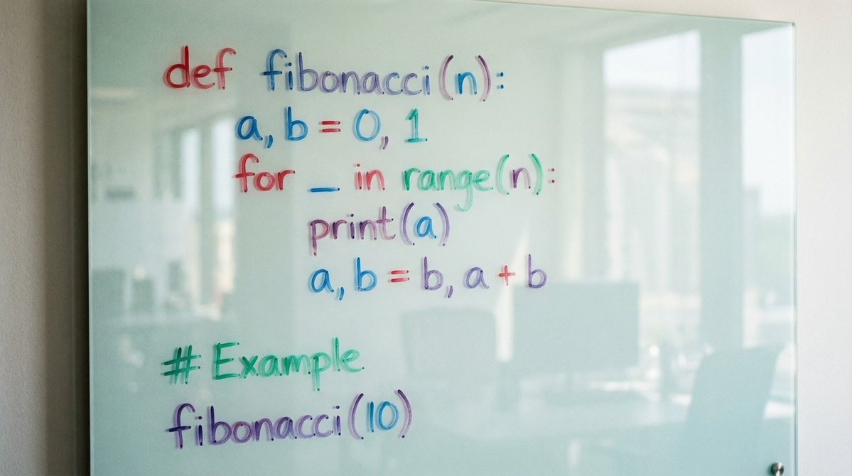 Python Fibonacci code on glass whiteboard