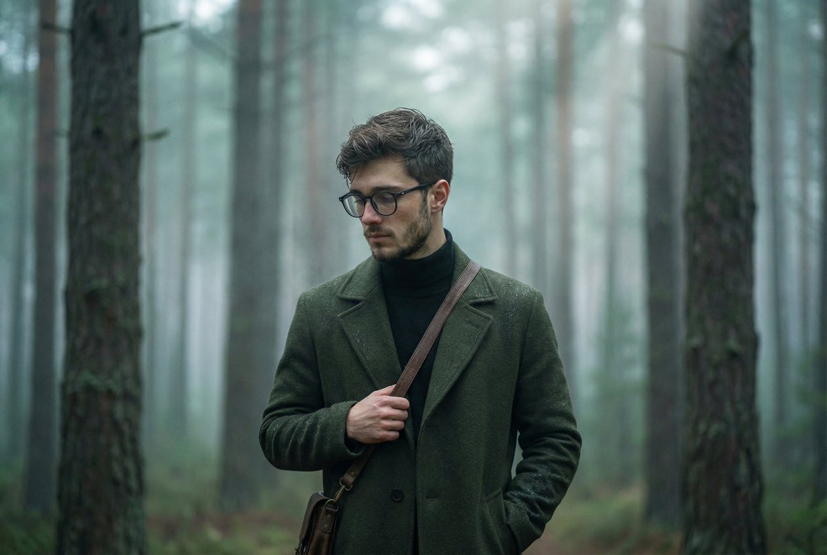 Foggy pine forest cinematic portrait