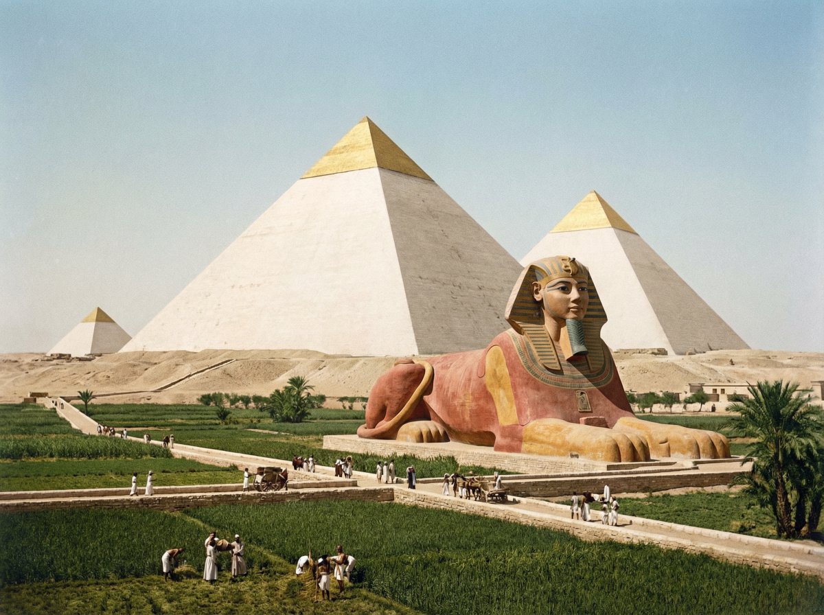 Restored pyramids and Sphinx