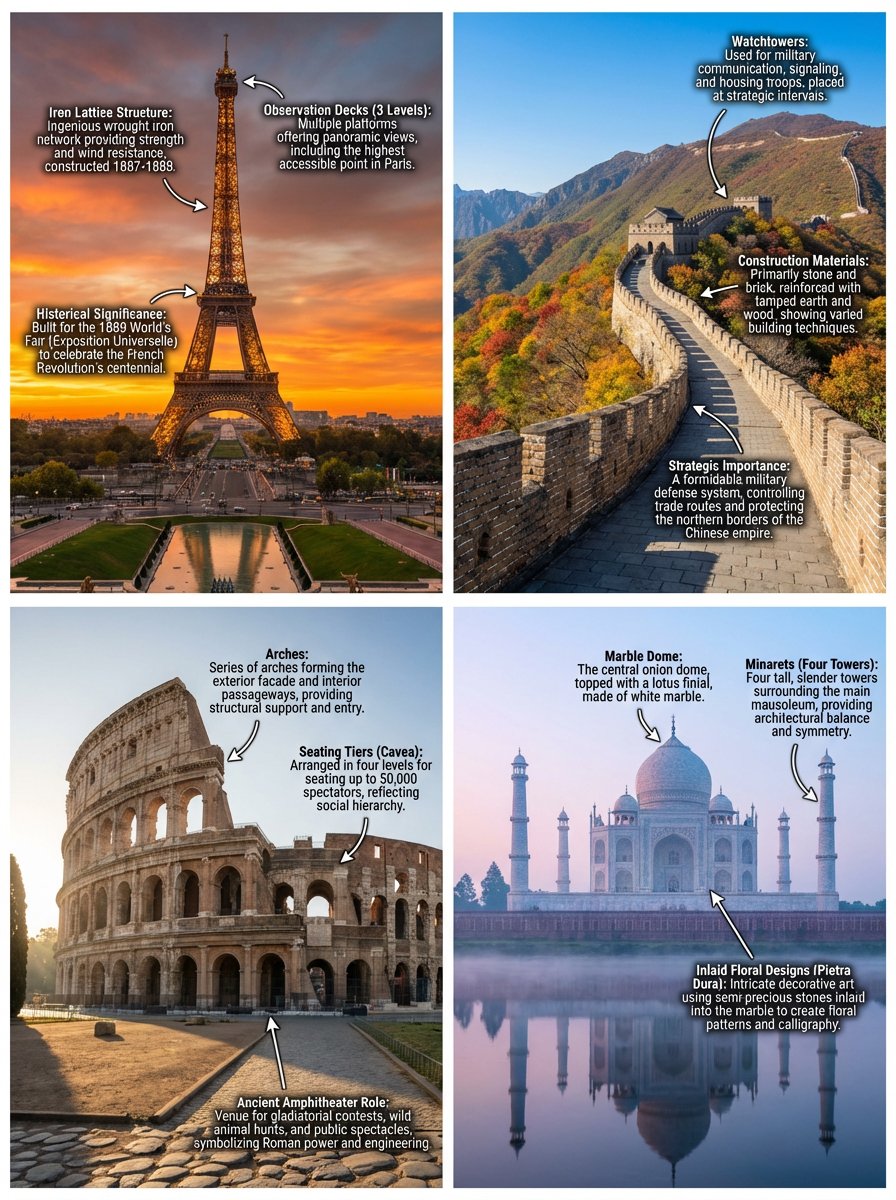 Annotated landmark images of Eiffel Tower, Great Wall, Colosseum, Taj Mahal