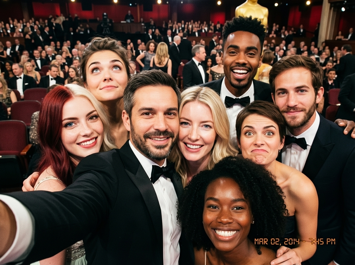 Oscars selfie as a character-select game screen