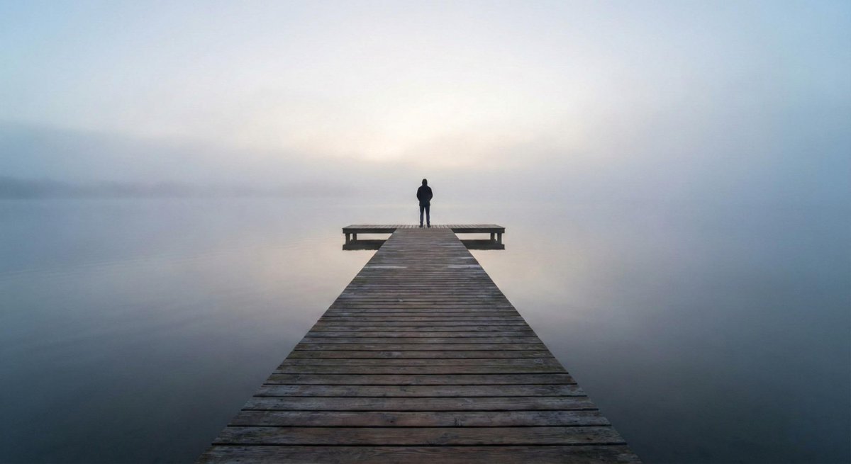 Minimalistic contemplative pier scene prompt for Nano Banana Pro