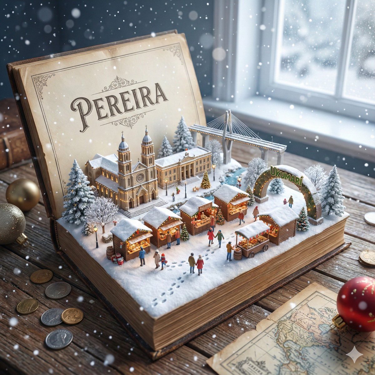 Medieval winter scene in old book set in Pereira, Colombia