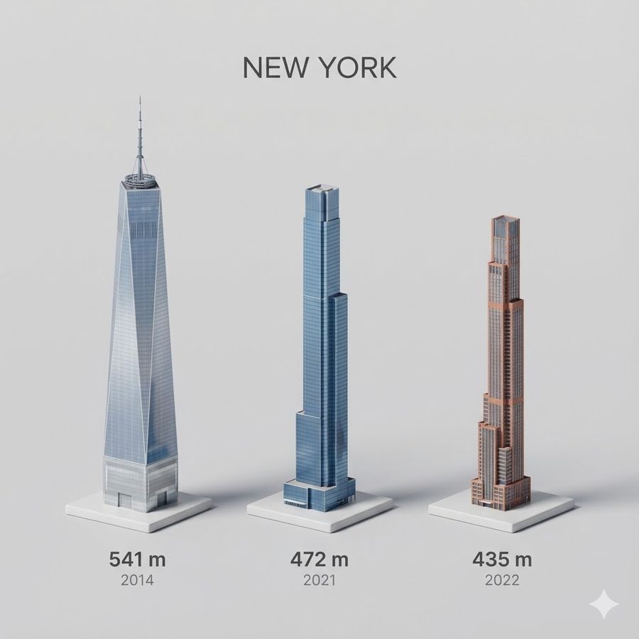 Source reference: three miniature New York skyscrapers on separate white bases with height and year labels under a NEW YORK heading
