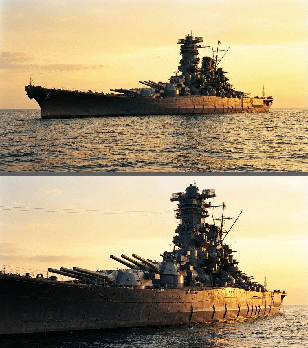 Colossal battleship at dawn illustration prompt