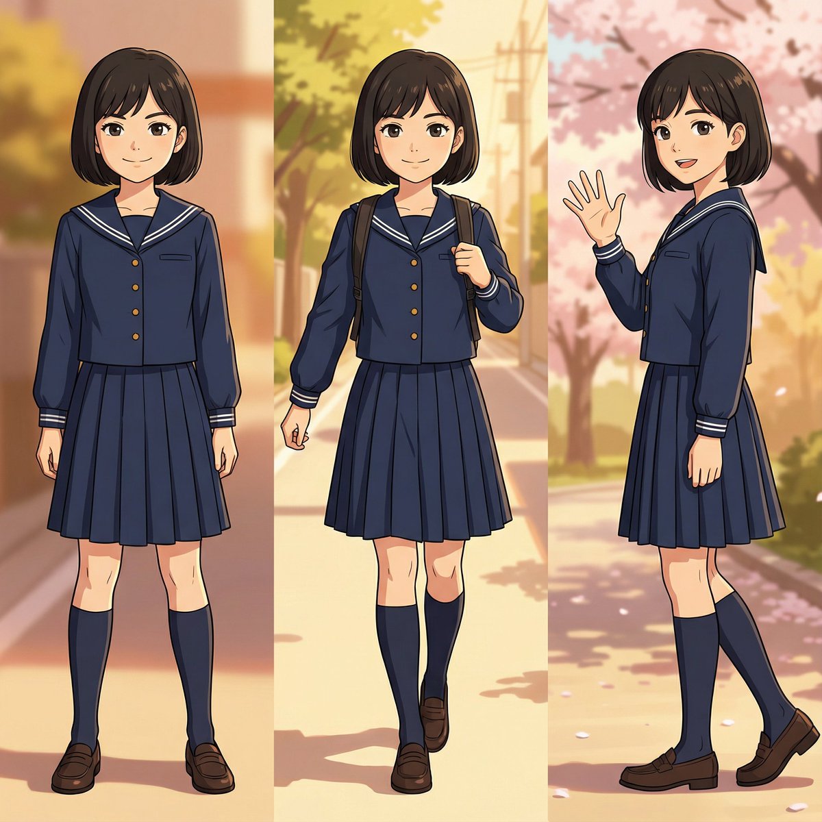 Three-pose anime girl consistency prompt 2