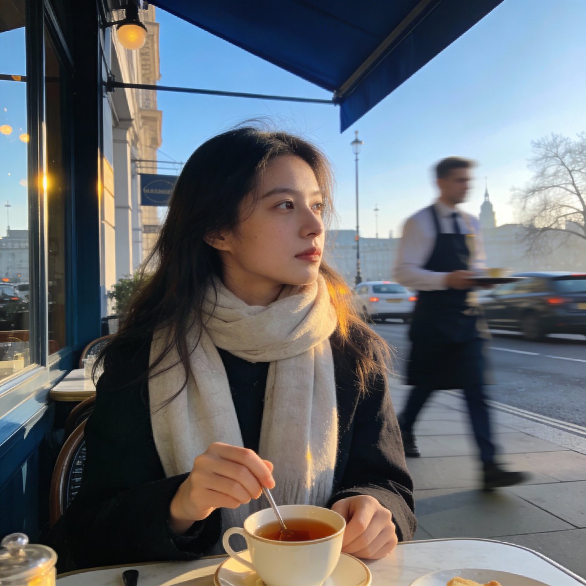 社群媒體貼文 - 倫敦戶外餐廳人像，使用 Nano Banana Pro 拍攝