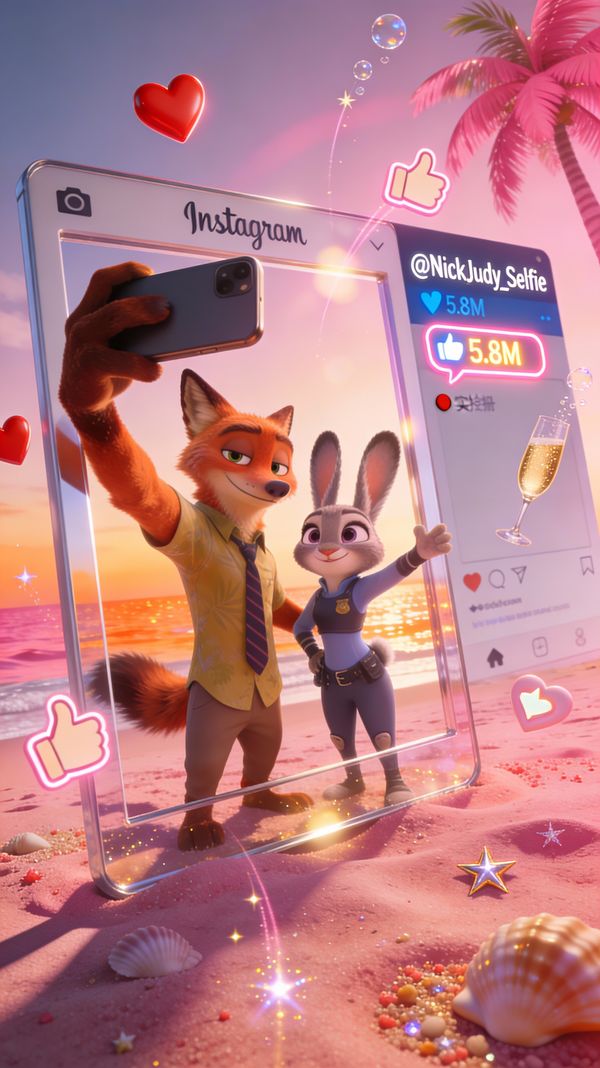 Nick and Judy Pink Beach Instagram-Style Selfie - Image 1