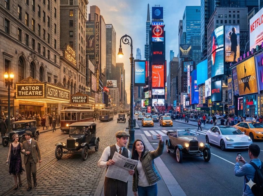 Source reference: a city street split between a sepia-toned historical view with an early automobile and a colorful modern Times Square view