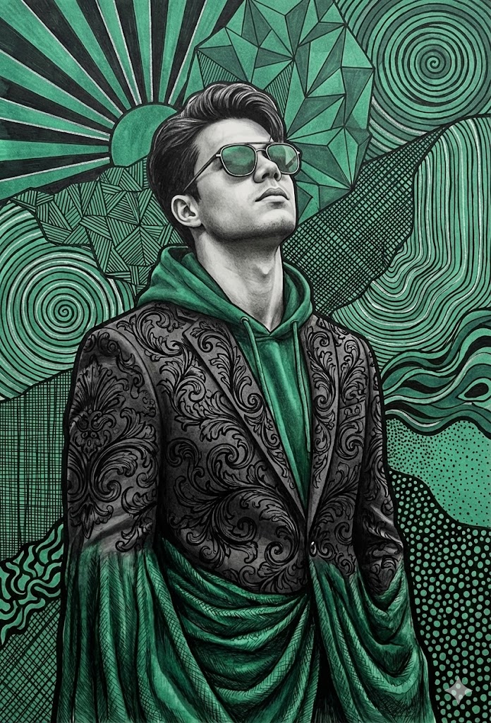 Emerald and Charcoal Mixed-Media Pop Realism Portrait Prompt