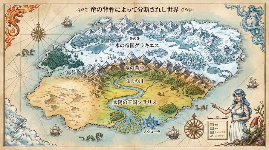 Source reference: an antique-style fantasy map with mountainous northern terrain, colored regions, decorative borders, and small heraldic illustrations