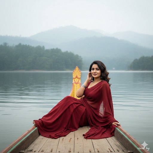 Serene Lake Portrait (Woman in Saree on a Boat)
