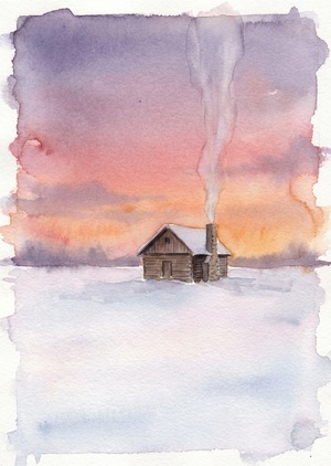 A serene watercolor landscape, --ar 10:14. A lonely cabin in... - 1
