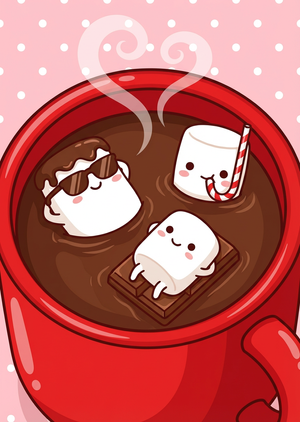 A kawaii style printable Christmas card illustration, aspect... - 1