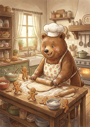 A charming illustration of a brown bear baker, aspect ratio ... - 1