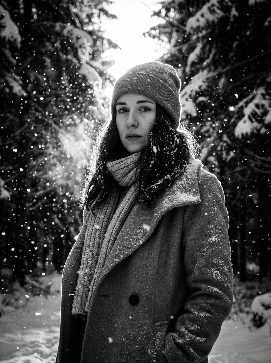 Winter Forest Portrait with Dramatic Backlight