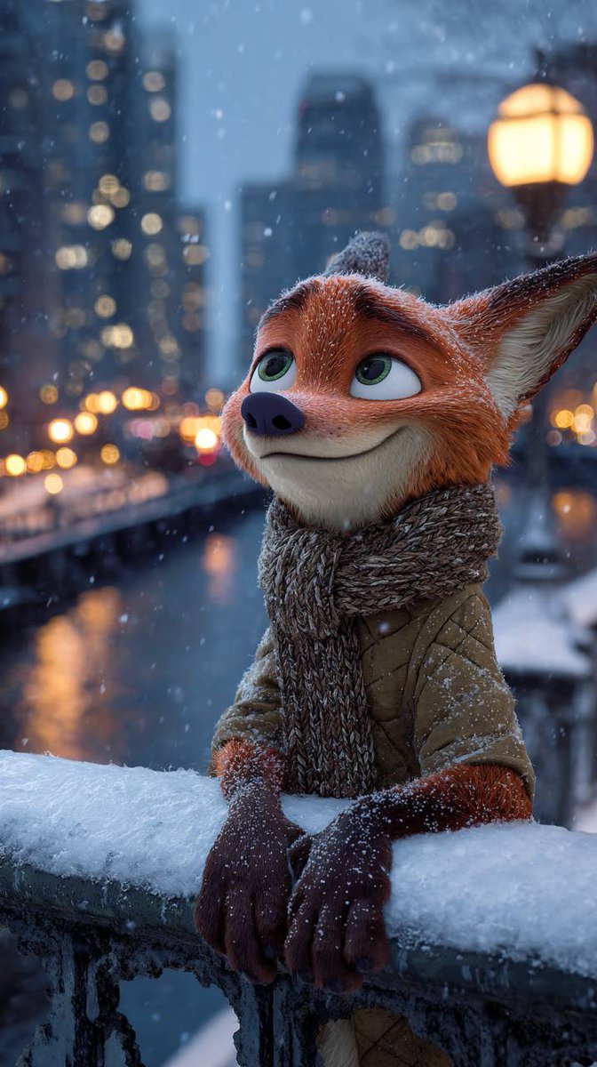 Anthropomorphic Fox in a Winter City 2