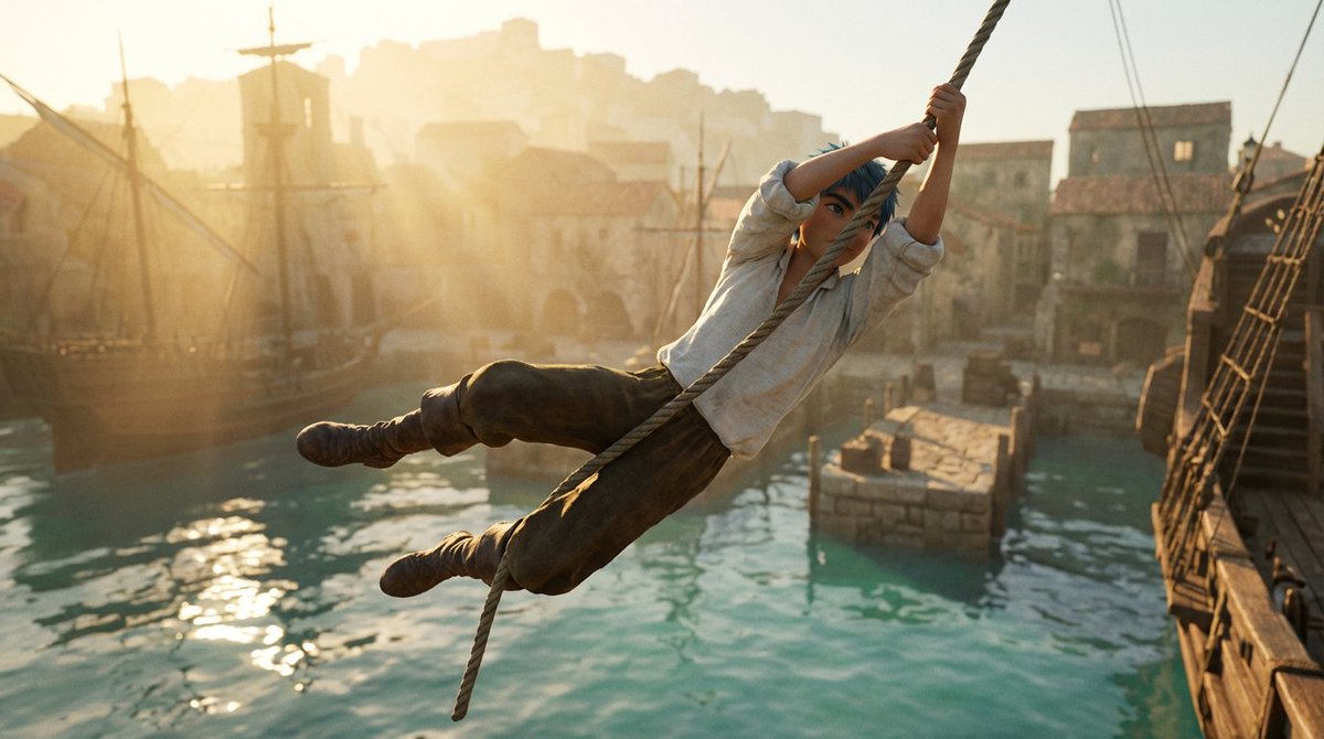 Frozen Action Shot of Character Swinging on a Rope