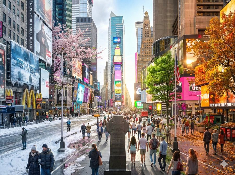 Source reference: a crowded city street panorama transitioning from snowy buildings through blossoms and green foliage into warm autumn tones