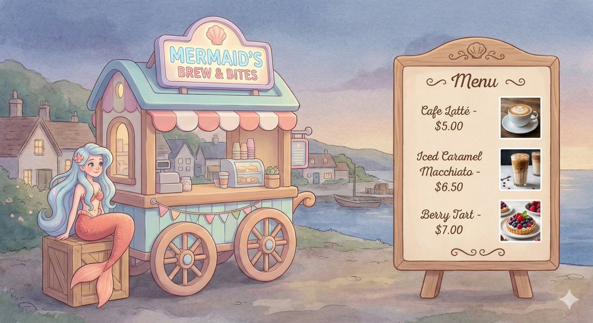 Dreamy Mermaid Café Illustration with Menu Display