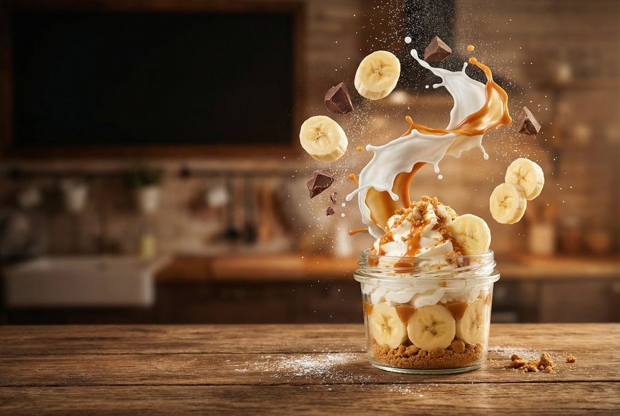 Source reference: a glass dessert with banana slices, nuts, and a curved splash of milk against a warm kitchen background