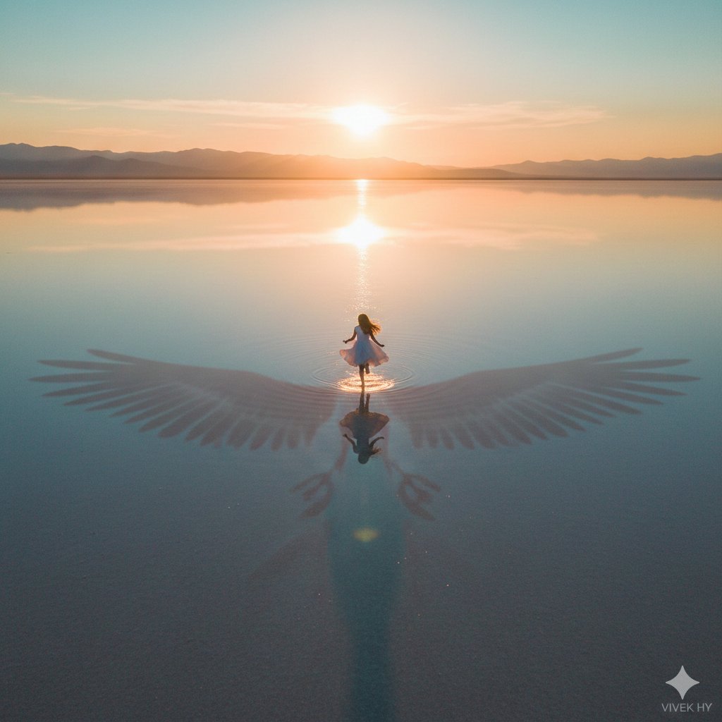 Dreamy Sunrise Scene with Symbolic Shadow