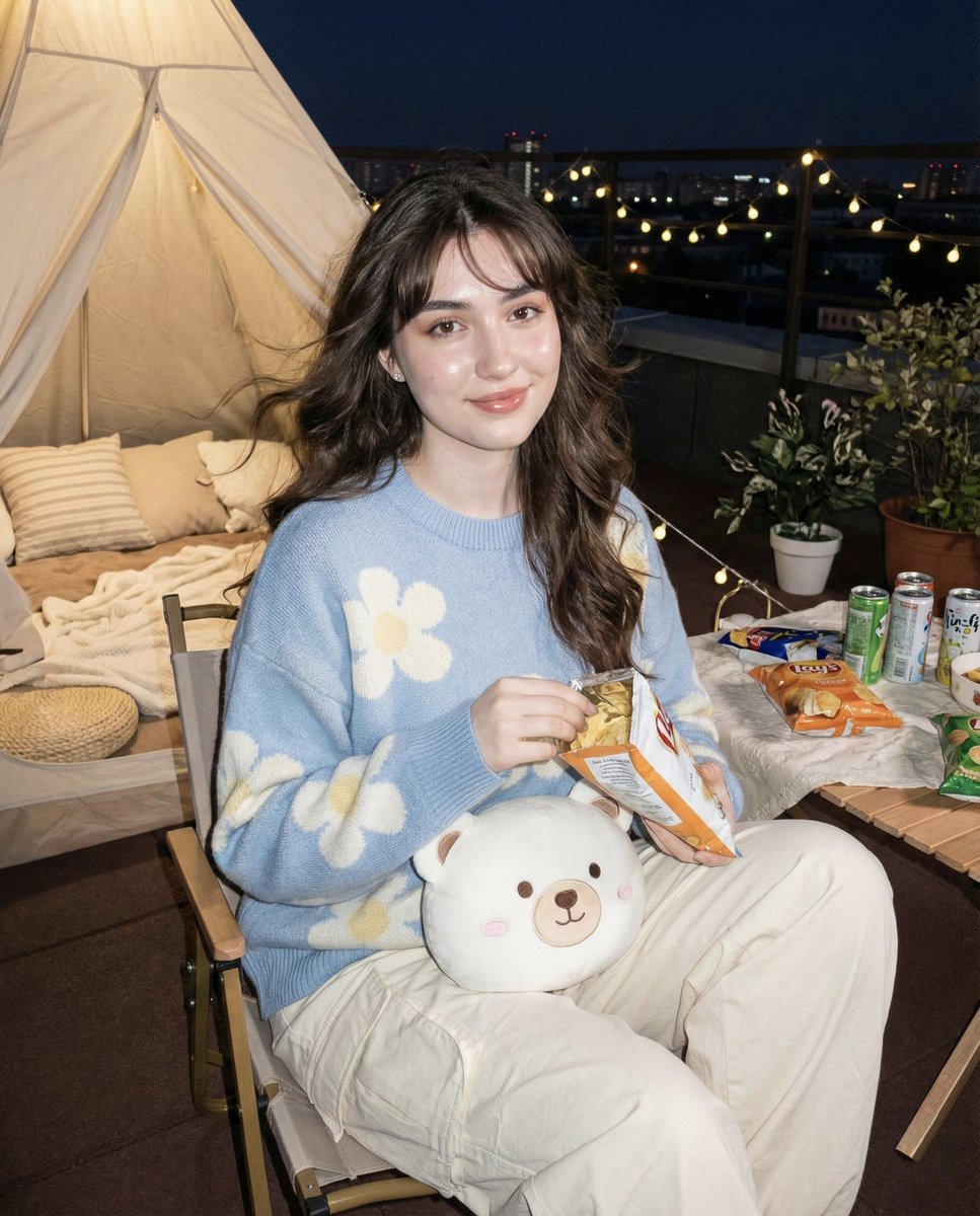 Hyper-realistic Nighttime Rooftop Portrait with Digital Camera Flash Effect