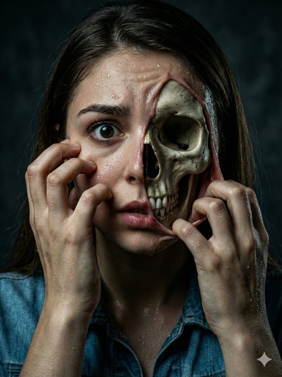Surreal Horror Portrait Revealing Skull