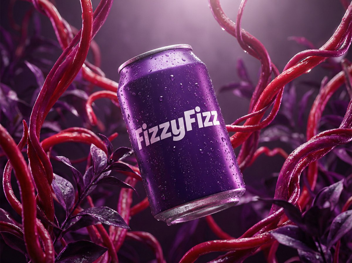 E-commerce Main Image - Surreal Product Shot Prompt: Purple Beverage Can with Organic Tendrils - 1