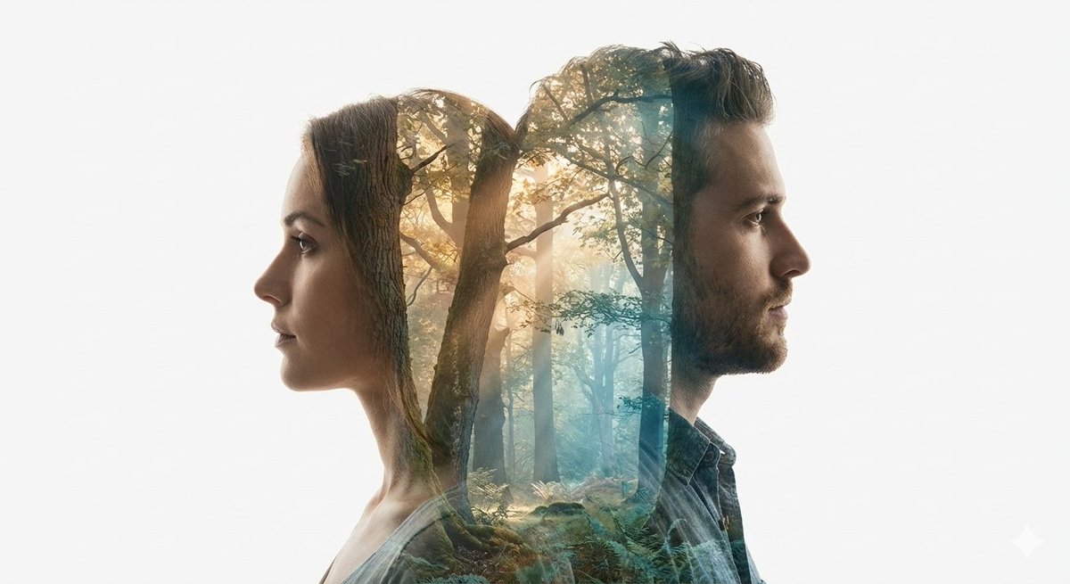 Cinematic Double-Exposure Portrait of Contrast and Connection