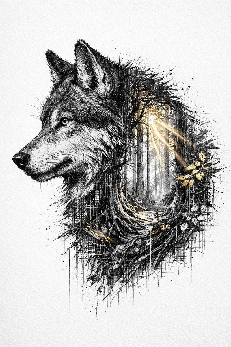 Cinematic Ink-Style Double-Exposure Wolf Portrait 2
