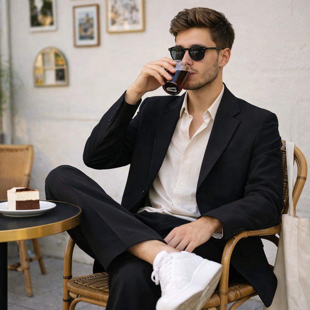 Fashionable Man in Cafe with Cake and Platform Sneakers