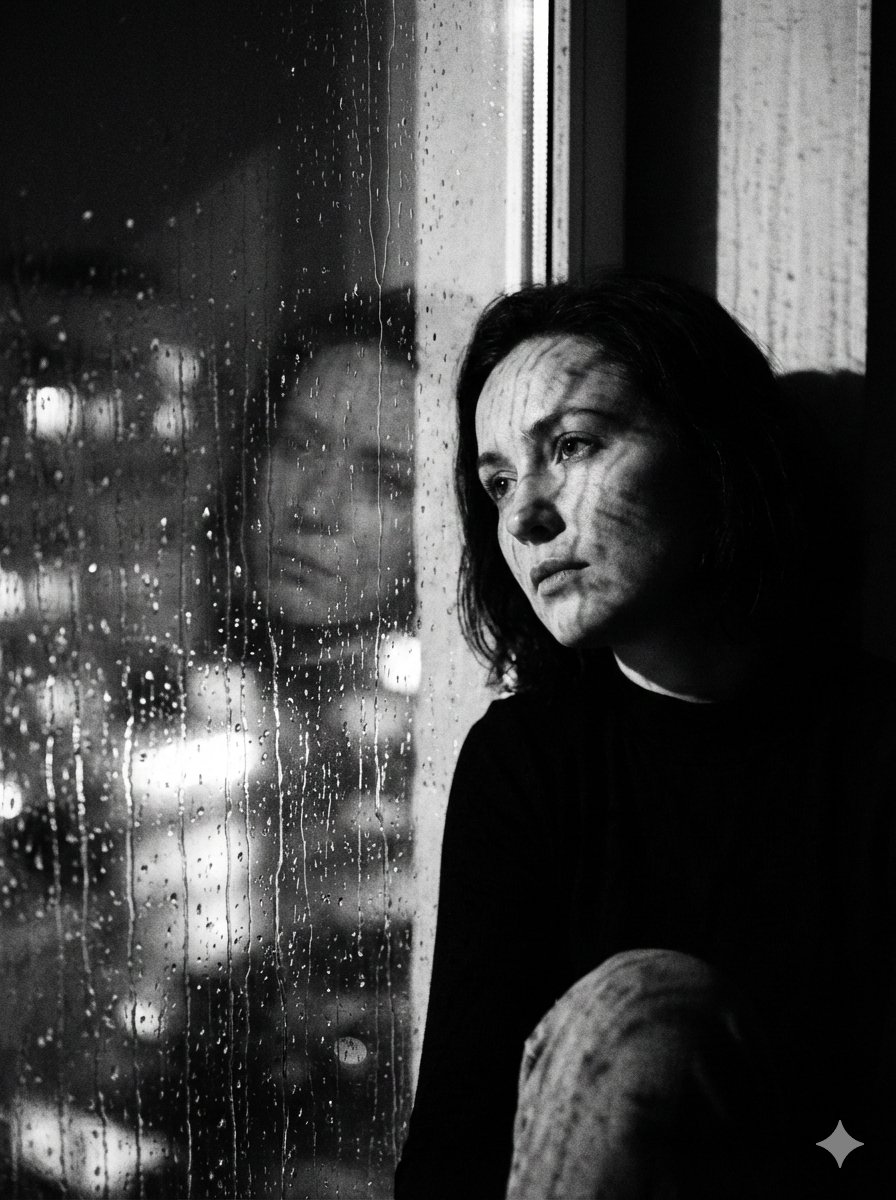 Black and White Rainy Window Portrait Prompt