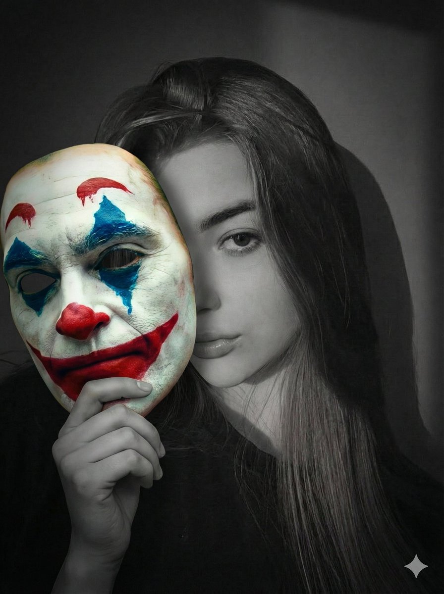 Cinematic Portrait Prompt: Grayscale Subject with Colorful Joker Mask