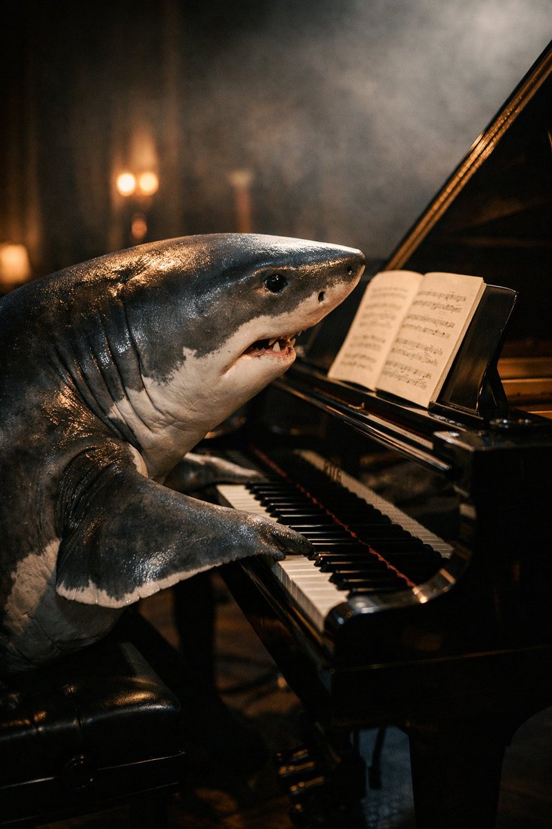 Realistic Shark Playing Piano Benchmark Prompt - Image 1
