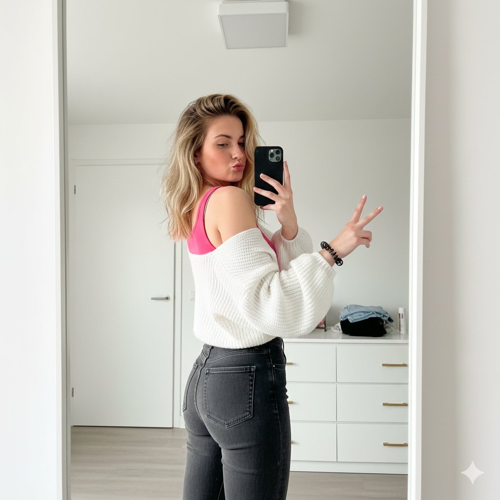 Playful Mirror Selfie with Peace Sign
