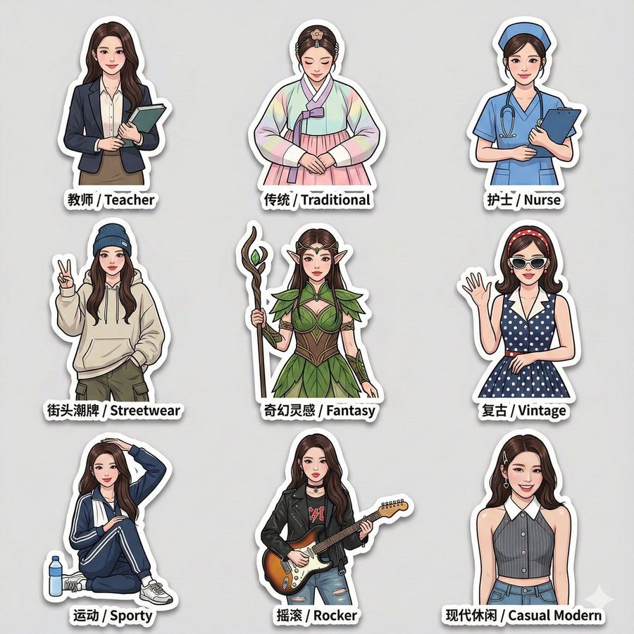 Source reference: a nine-sticker sheet of the same female character in different outfits and roles with white die-cut borders